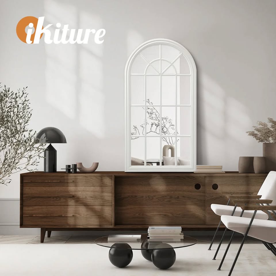 WM-B-ARCH-7651-WHWD Oikiture Window Mirror Arched Wall Mirrors Decor 76x51cm Wooden White