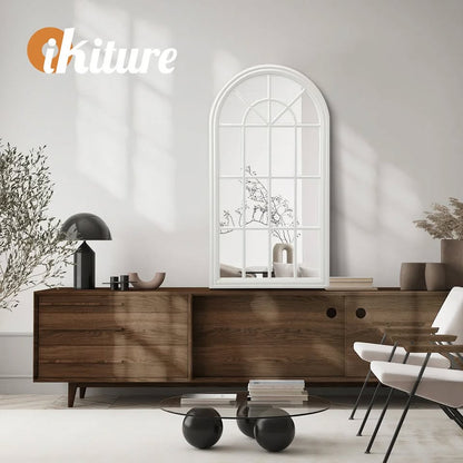 WM-B-ARCH-7651-WHWD Oikiture Window Mirror Arched Wall Mirrors Decor 76x51cm Wooden White