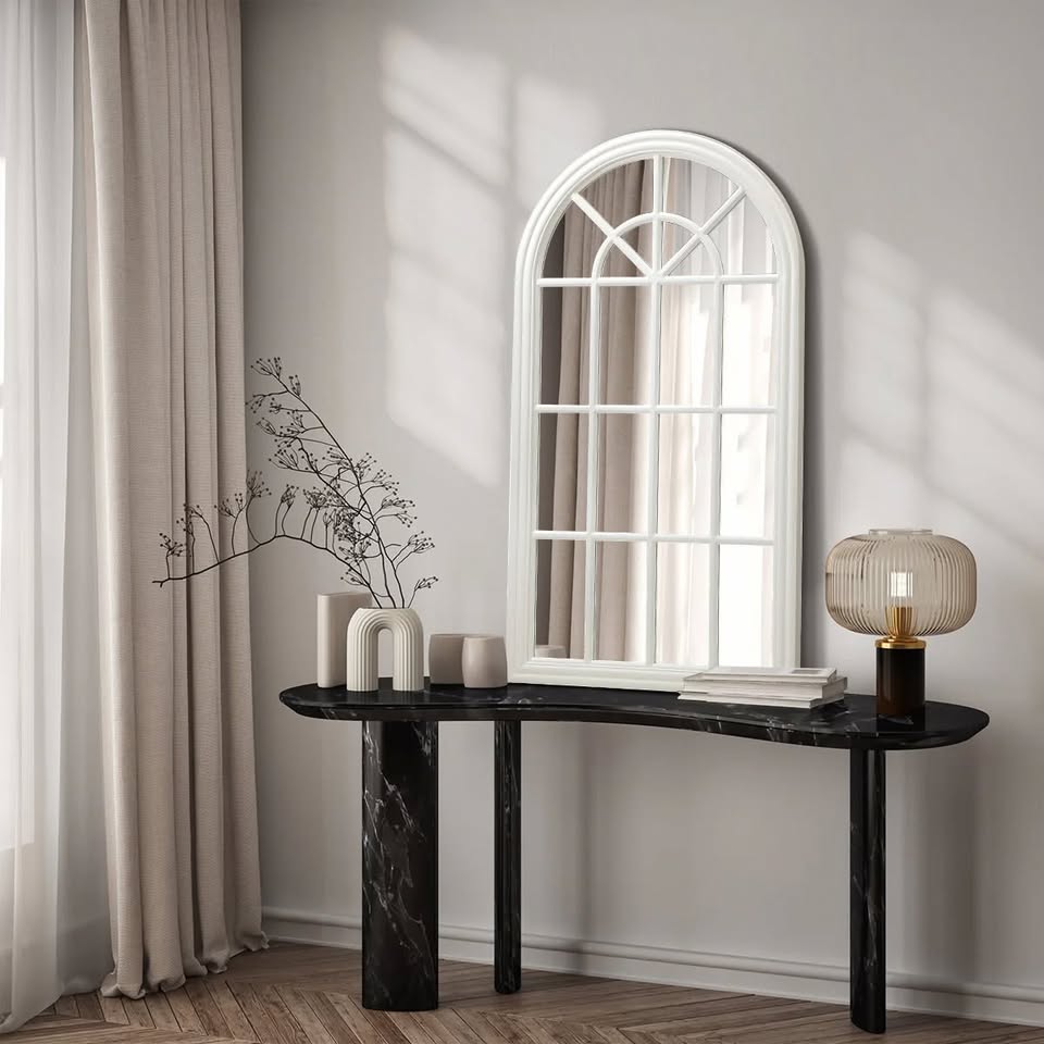 WM-B-ARCH-7651-WHWD Oikiture Window Mirror Arched Wall Mirrors Decor 76x51cm Wooden White