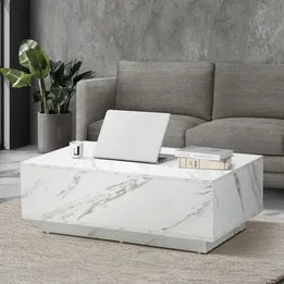 CTB-MARL-WH Oikiture Coffee Table Side Tables Sofa Cafe Desk Marble Effect Wooden White