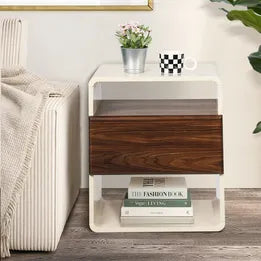 BT-DOLA-1D-WHWD Oikiture Bedside Table Side Nightstand With Drawer Storage Shelf Retro-Modern