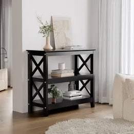 CST-VJ-MEC-F6-BK Oikiture 3-Tier Console Table X-Design Wood Sofa Table Hall Side Entry Black