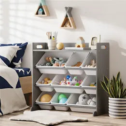 ST-KID-JUN-A46-GY Oikiture 9 Bins Kids Toy Box Bookshelf Storage Organiser Display Shelf Grey