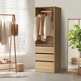 WA-MEXI-185G3D-WD-AB Oikiture Wardrobe Clothes Storage Organizer 3 Drawers Hanging Rail Natural