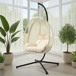 OHCH-EGG-SGL-BE Livsip Outdoor Egg Hanging Chair Swing Seat Furniture with Stand Cushions Beige