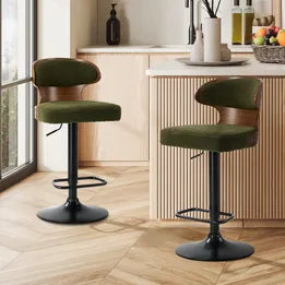 BS-AIC-MOD-GN-2PC Oikiture 2x Bar Stools Swivel Kitchen Bar Chairs Gas Lift Stool Boucle Green