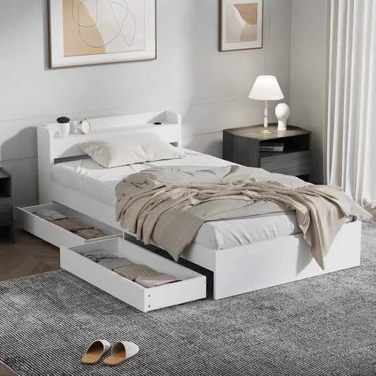 BF-MEXI-KS-WH-TC-ABC Oikiture King Single Bed Frame with Charging Ports & 2 Drawers White
