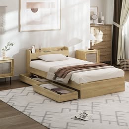 BF-MEXI-S-WD-TC-ABC Oikiture Wooden Bed Frame Single Size with Charging Ports & 2 Drawers