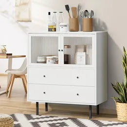SB-UNIQ-8093-WH-AB Oikiture Sideboard Buffet Storage Cabinet Tempered Glass Door 2 Drawers White