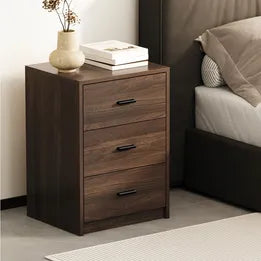 BT-SUNNE-3D-WN Oikiture Bedside Table 3 Drawers Nightstand Bedroom Storage Side End Walnut