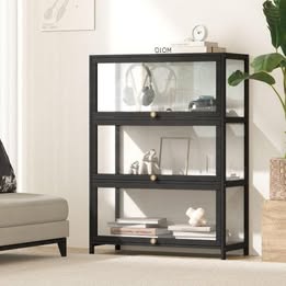 SB-DISPLAY-380-BK Oikiture Display Cabinet Storage 3-Tier Shelves Clear Bookcase Stand Rack Black