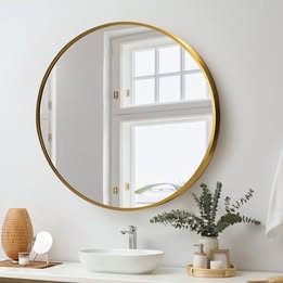 WM-B-ROUND-80-GD Oikiture Wall Mirrors Round Makeup Mirror Vanity Home Decorative Gold 80cm