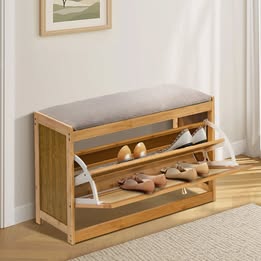SS-BN-BM-F7-WD Oikiture Shoe Storage Bench Bamboo 2 in 1 Organiser Shelf with Seat 70cm