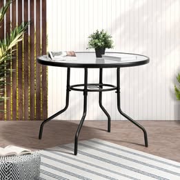OPS-TXL-TB90-BK Livsip 90cm Outdoor Dining Glass Table Round Patio Furniture Bistro Set Black