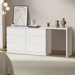 COD-PURI-200-WH-AB Oikiture 6 Chest of Drawers Dresser with Side Table Storage Tallboy White