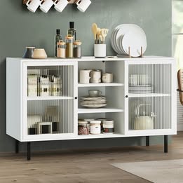 SB-UNIQ-12075-WH-AB Oikiture Sideboard Buffet Storage Cabinet Tempered Glass Door 2 Drawers White