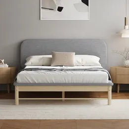 BF-W-B-IRIS-D-GY-AB Oikiture Wooden Bed Frame with Padded Fabric Edges Pine Headboard Base Double