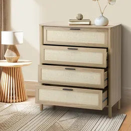 COD-YAMA-4D-WD-AB Oikiture 4 Chest of Drawers Dresser Tallboy Storage Cabinet Rattan Natural