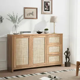 SB-XF-HAN-3D2R-WD Oikiture Buffet Sideboard Storage Cabinet Rattan Cupboard 3 Drawer Hallway Table