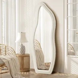 FM-16060-PEB-SP-WH Oikiture Full Length Mirror Boucle Floor Mirrors Dressing Wall Mounted 160cm