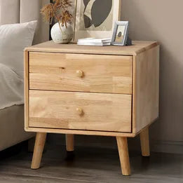 BT-GG-NUT-2D-WD Oikiture Bedside Table 2 Drawers Side Tables Storage Nightstand Rubber Wood