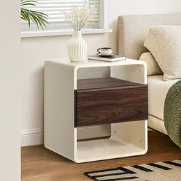 BT-DOLA-1D-WHWD Oikiture Bedside Table Side Nightstand With Drawer Storage Shelf Retro-Modern