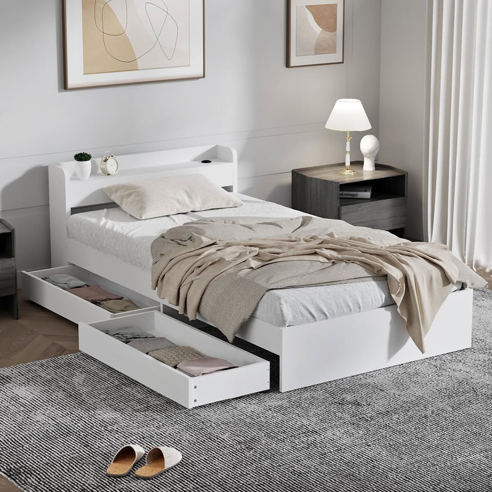 BF-MEXI-NEW-S-WH SINGLE White Cassandra Bed with USB Port & Drawers