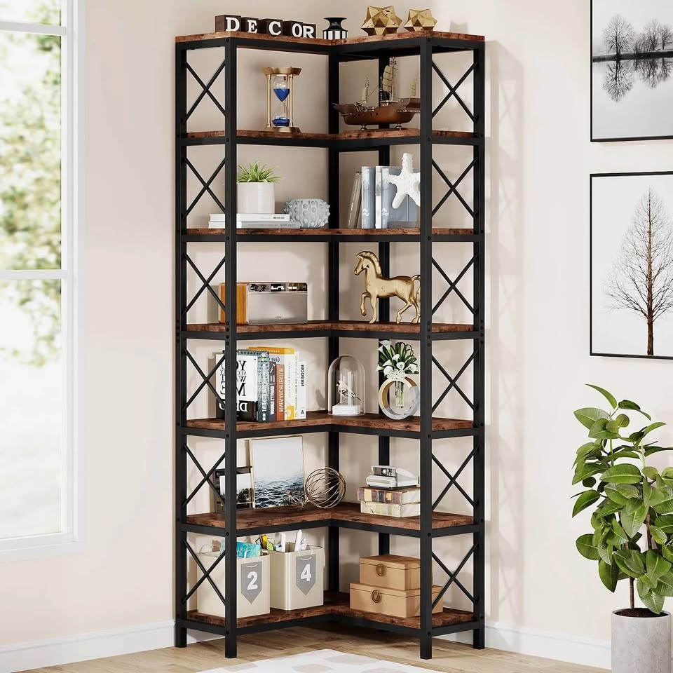 HOGA-JW0500 7-Tier Corner Bookshelf Corner Bookcase Storage Display Rack