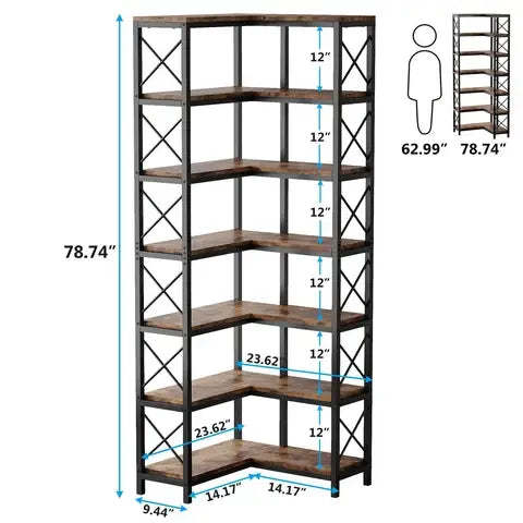 HOGA-JW0500 7-Tier Corner Bookshelf Corner Bookcase Storage Display Rack