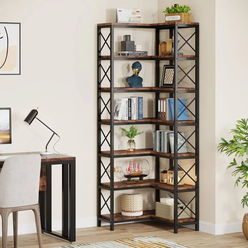 HOGA-JW0500 7-Tier Corner Bookshelf Corner Bookcase Storage Display Rack