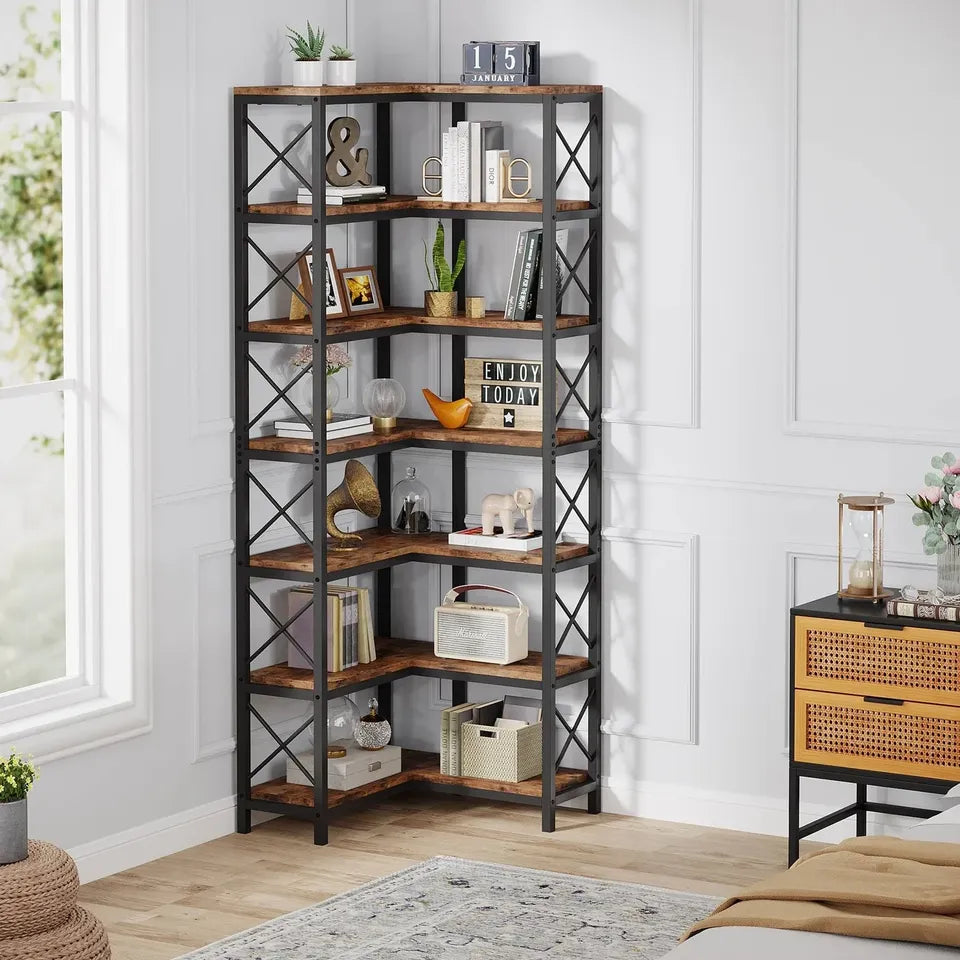 HOGA-JW0500 7-Tier Corner Bookshelf Corner Bookcase Storage Display Rack