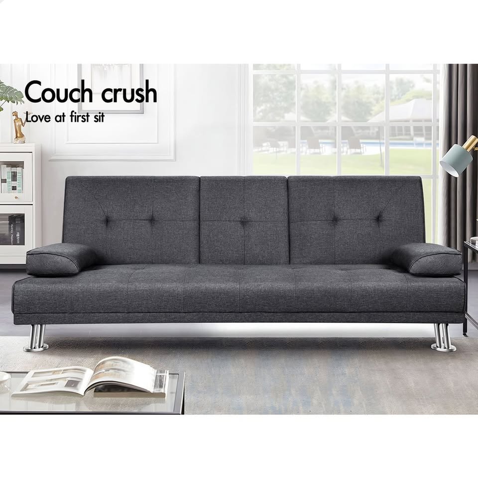 A-SF-PP-FA-DAGY-AB ALFORDSON Sofa Bed Lounge 3 Seater Futon Couch Beds Cup Holder Fabric Grey
