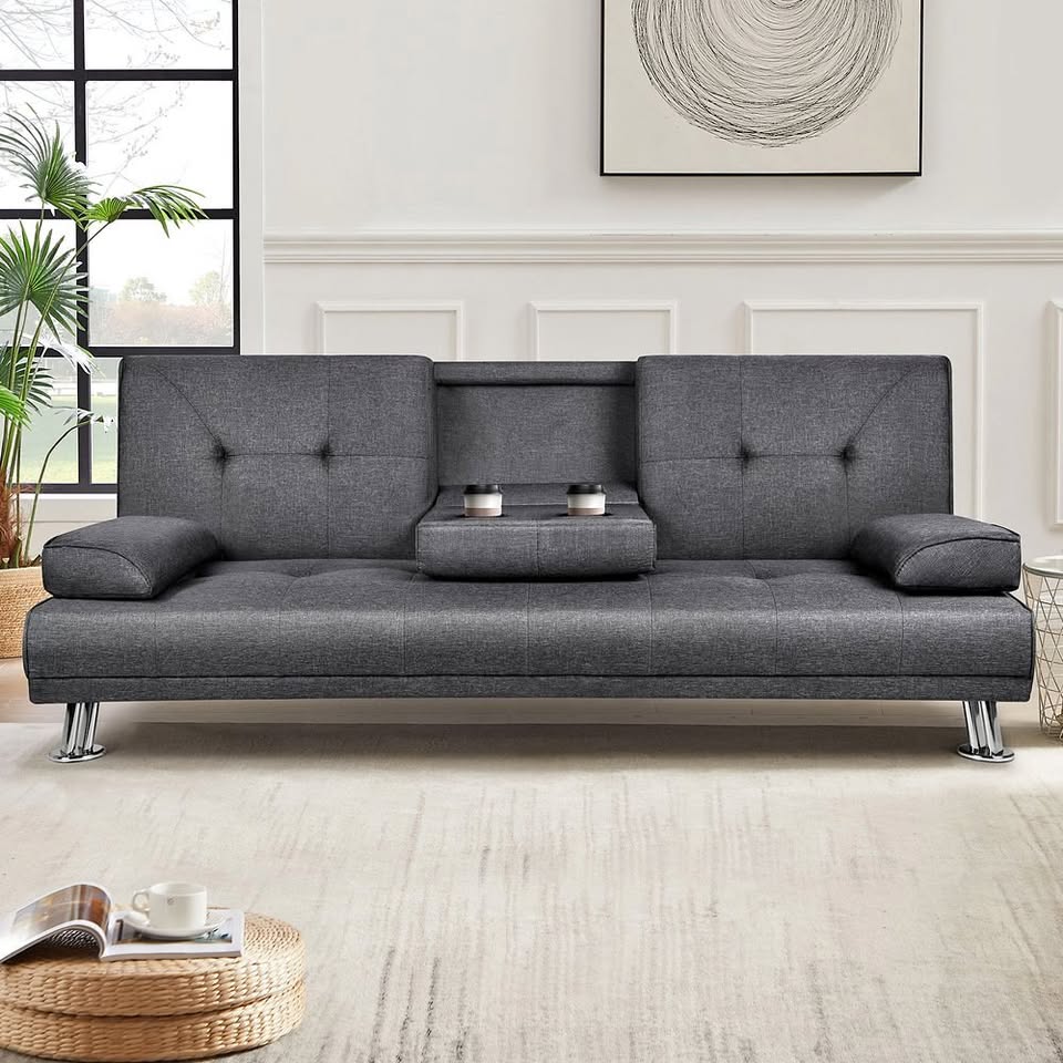 A-SF-PP-FA-DAGY-AB ALFORDSON Sofa Bed Lounge 3 Seater Futon Couch Beds Cup Holder Fabric Grey