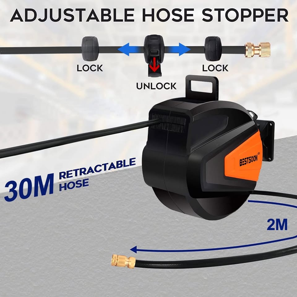 HGYW20-30M Retractable Hose Reel, 30M Garden Water Hose Reel with 9 Pattern Nozzle