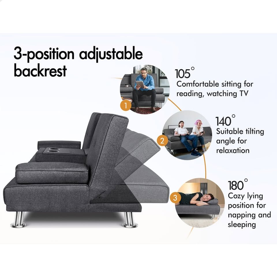 A-SF-PP-FA-DAGY-AB ALFORDSON Sofa Bed Lounge 3 Seater Futon Couch Beds Cup Holder Fabric Grey