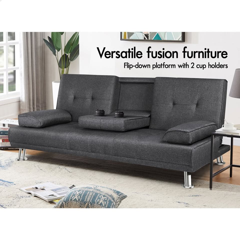 A-SF-PP-FA-DAGY-AB ALFORDSON Sofa Bed Lounge 3 Seater Futon Couch Beds Cup Holder Fabric Grey