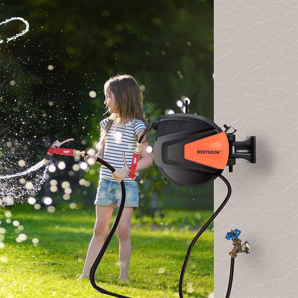 HGYW20-30M Retractable Hose Reel, 30M Garden Water Hose Reel with 9 Pattern Nozzle