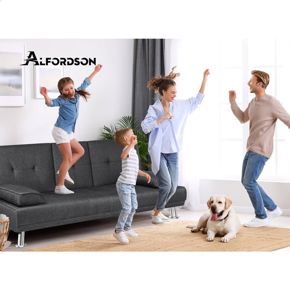 A-SF-PP-FA-DAGY-AB ALFORDSON Sofa Bed Lounge 3 Seater Futon Couch Beds Cup Holder Fabric Grey