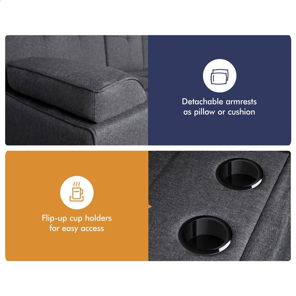 A-SF-PP-FA-DAGY-AB ALFORDSON Sofa Bed Lounge 3 Seater Futon Couch Beds Cup Holder Fabric Grey