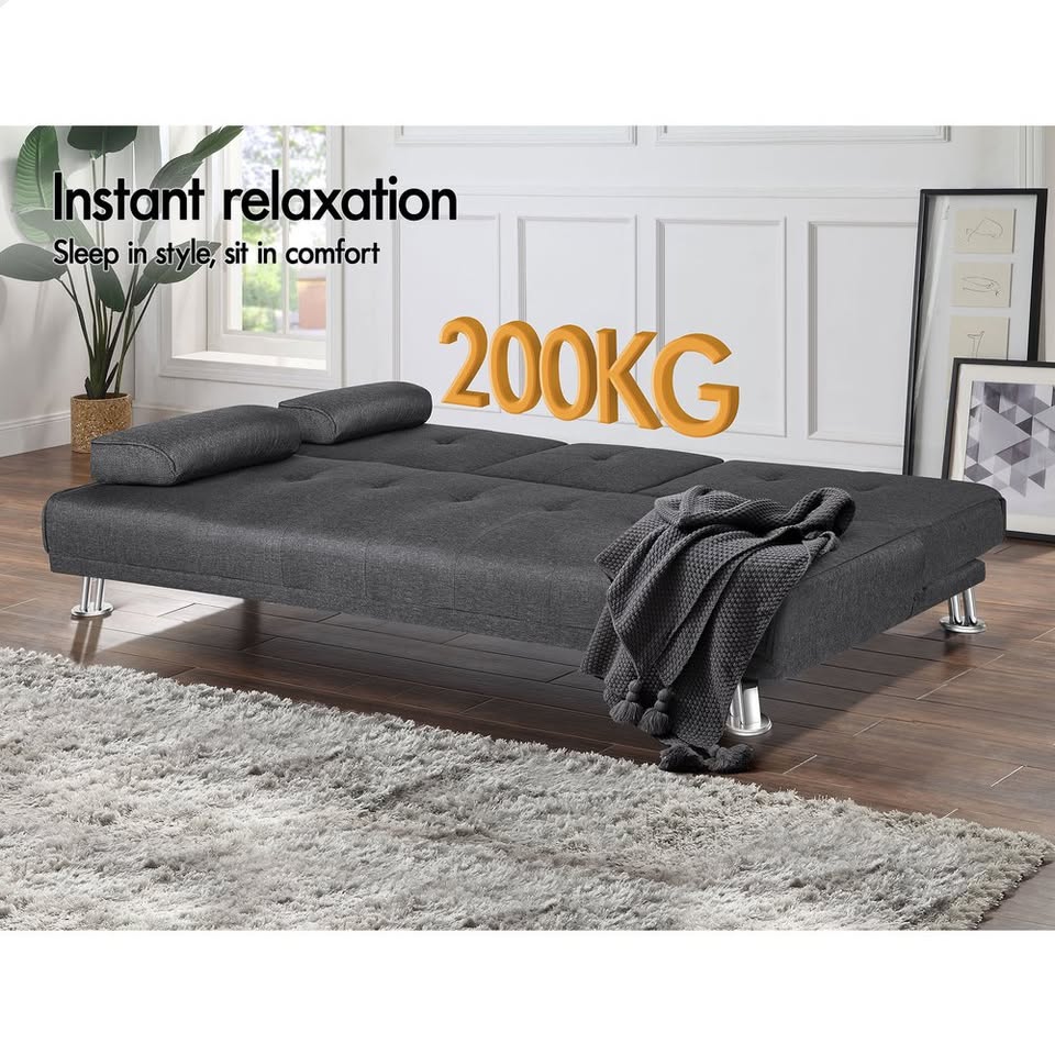 A-SF-PP-FA-DAGY-AB ALFORDSON Sofa Bed Lounge 3 Seater Futon Couch Beds Cup Holder Fabric Grey