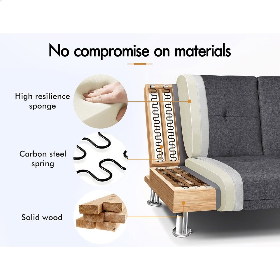 A-SF-PP-FA-DAGY-AB ALFORDSON Sofa Bed Lounge 3 Seater Futon Couch Beds Cup Holder Fabric Grey