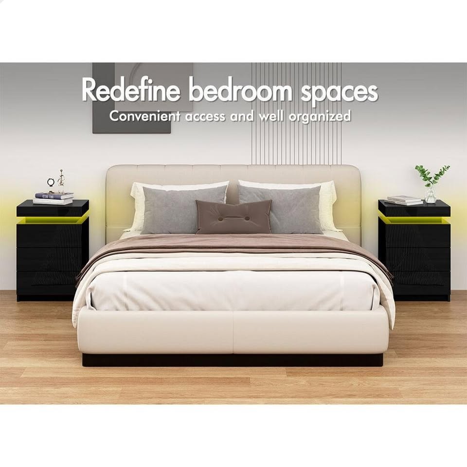 A-BST-G-3D-ULED-BK ALFORDSON Bedside Table 3 Drawers LED Lift-up Storage Black