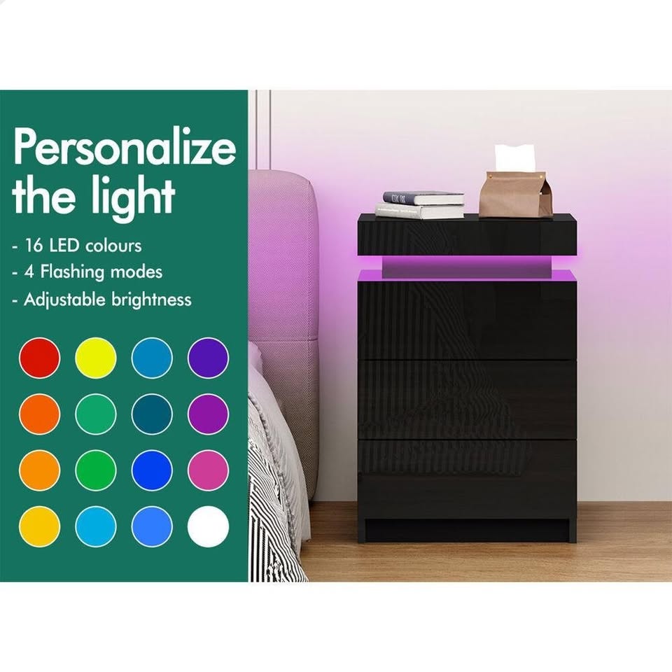 A-BST-G-3D-ULED-BK ALFORDSON Bedside Table 3 Drawers LED Lift-up Storage Black