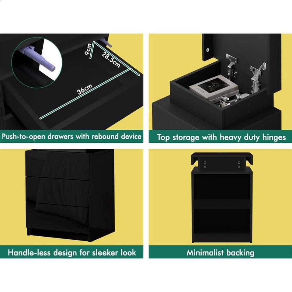 A-BST-G-3D-ULED-BK ALFORDSON Bedside Table 3 Drawers LED Lift-up Storage Black
