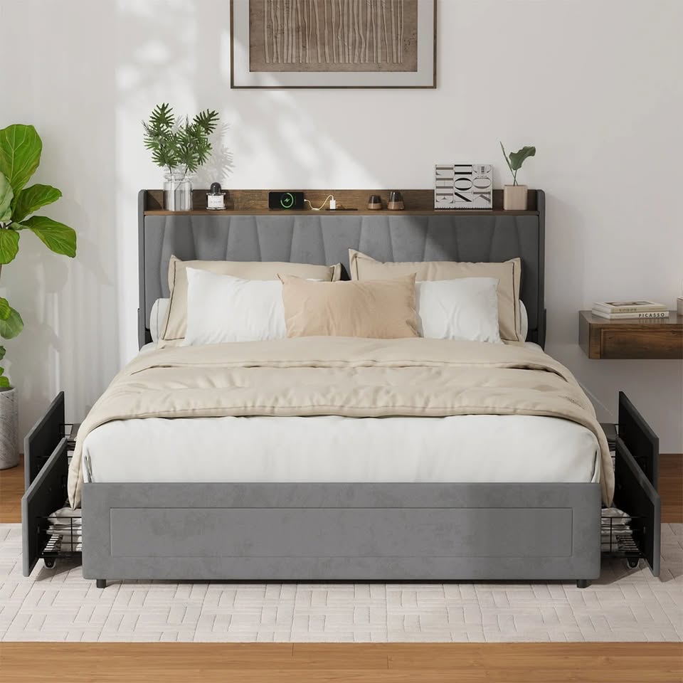 BF-C-IVY-D-GY Oikiture Bed Frame Double Size with 4 Drawers Charging Station USB Ports Grey