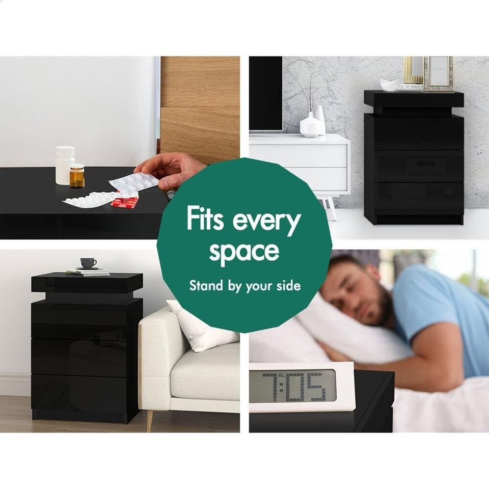A-BST-G-3D-ULED-BK ALFORDSON Bedside Table 3 Drawers LED Lift-up Storage Black
