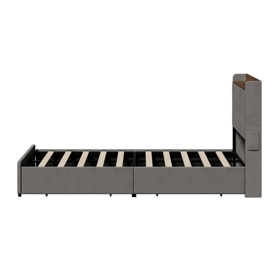 BF-C-IVY-D-GY Oikiture Bed Frame Double Size with 4 Drawers Charging Station USB Ports Grey