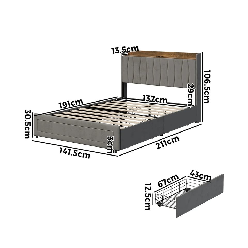 BF-C-IVY-D-GY Oikiture Bed Frame Double Size with 4 Drawers Charging Station USB Ports Grey