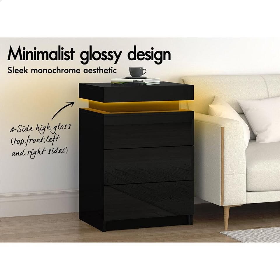 A-BST-G-3D-ULED-BK ALFORDSON Bedside Table 3 Drawers LED Lift-up Storage Black
