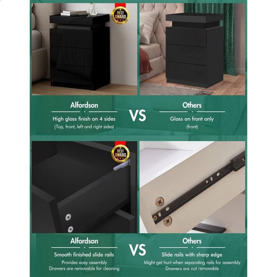A-BST-G-3D-ULED-BK ALFORDSON Bedside Table 3 Drawers LED Lift-up Storage Black